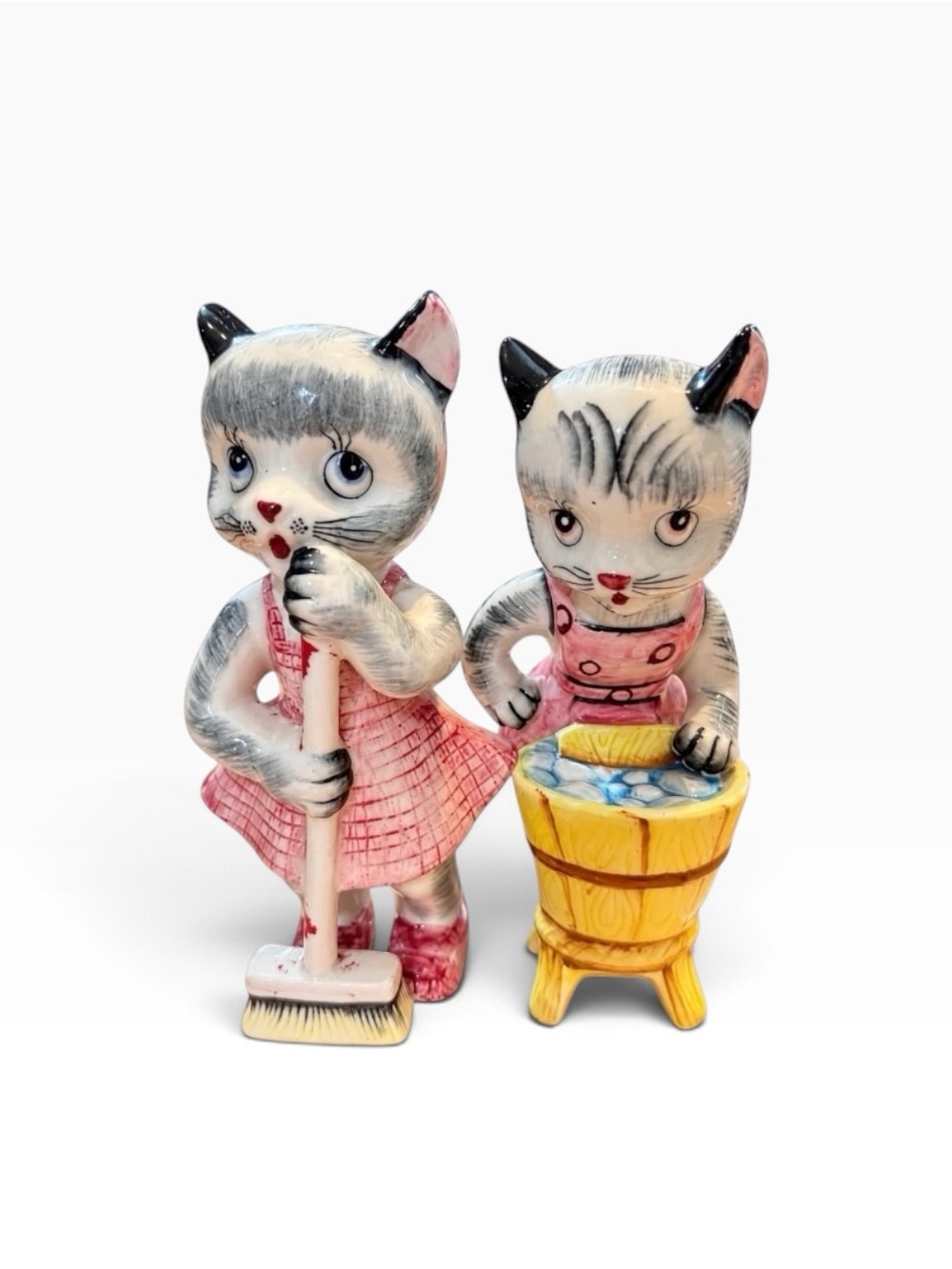 EXTREMELY RARE 9” Vintage MCM Anthropomorphic Cat Figurine Set 1950s Kitsch